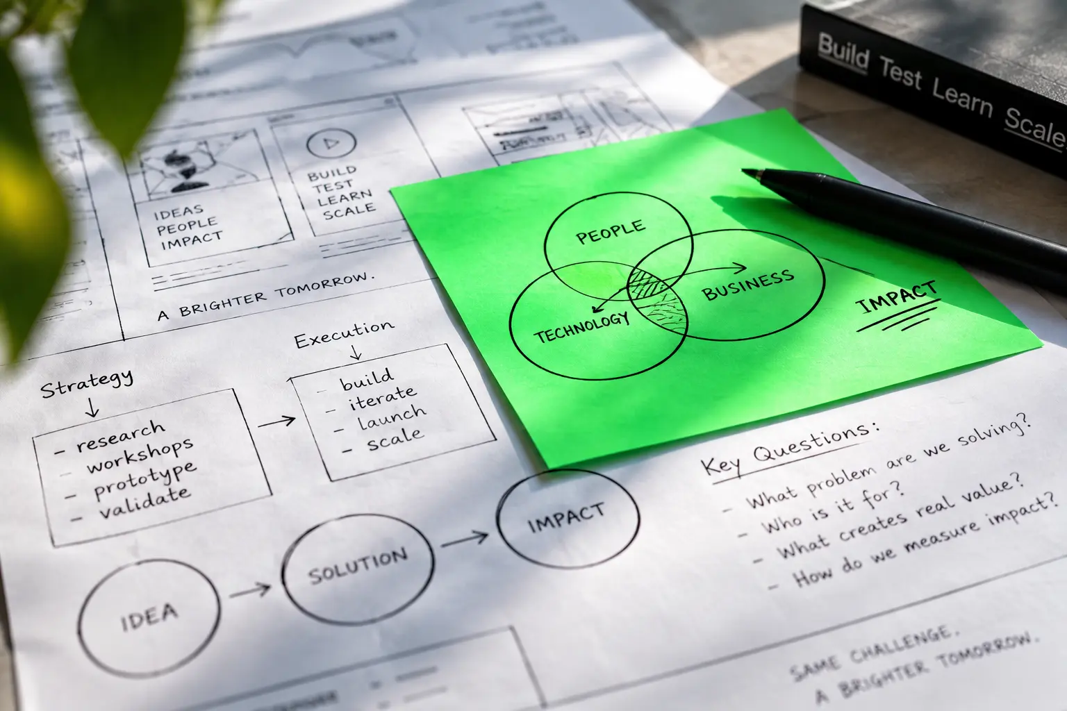 Business design concepts and diagrams arranged on a working surface