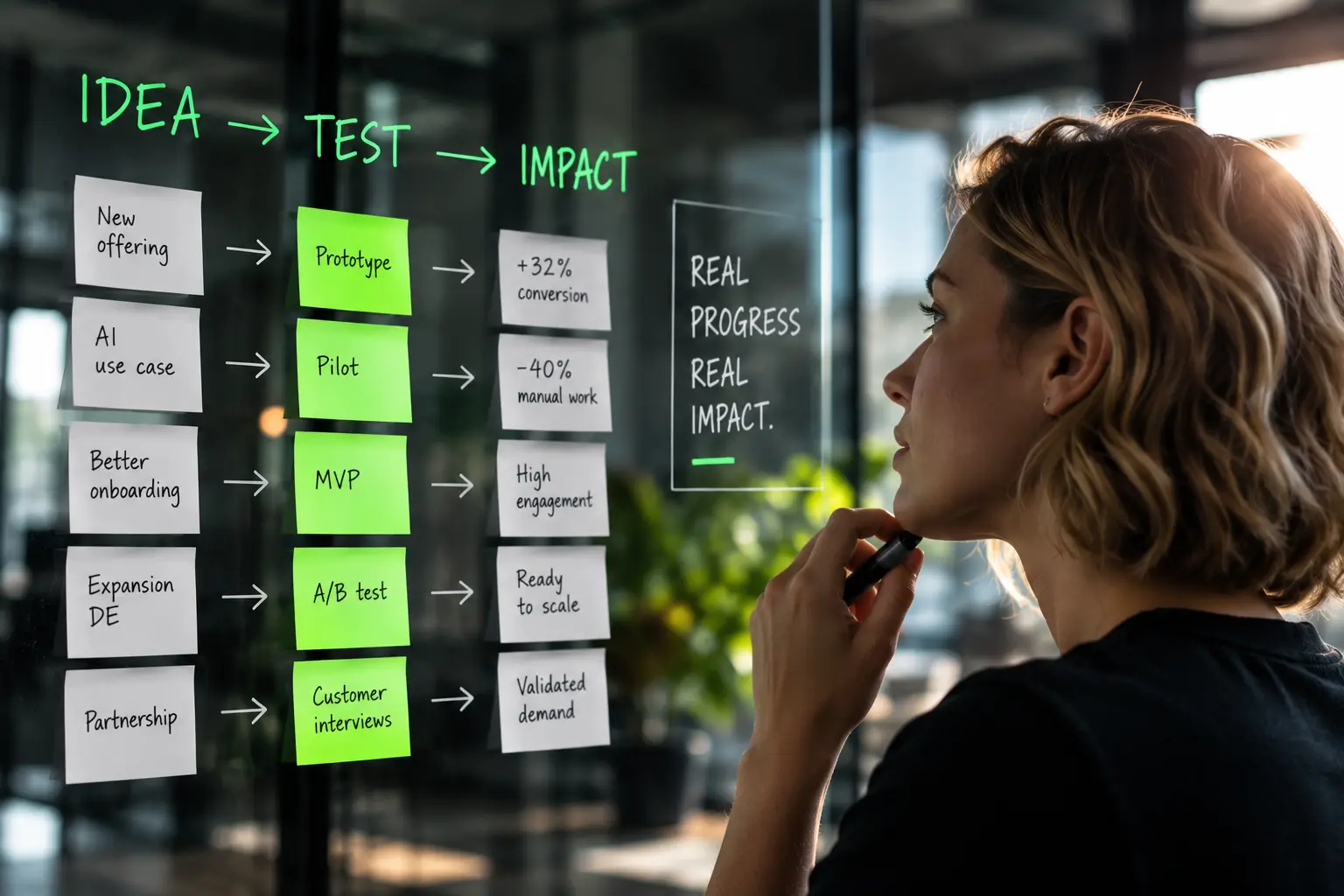 A professional reviewing an idea-to-impact validation board