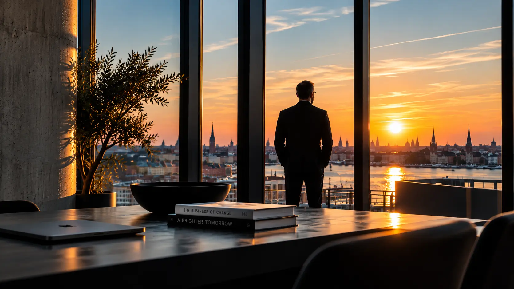 A business leader overlooking Copenhagen at sunset