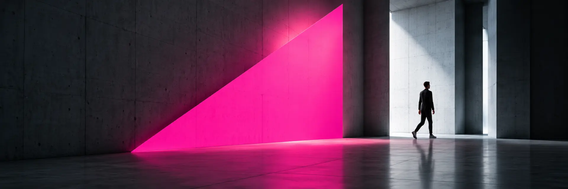 A professional walking through a concrete space illuminated by a vivid pink geometric light