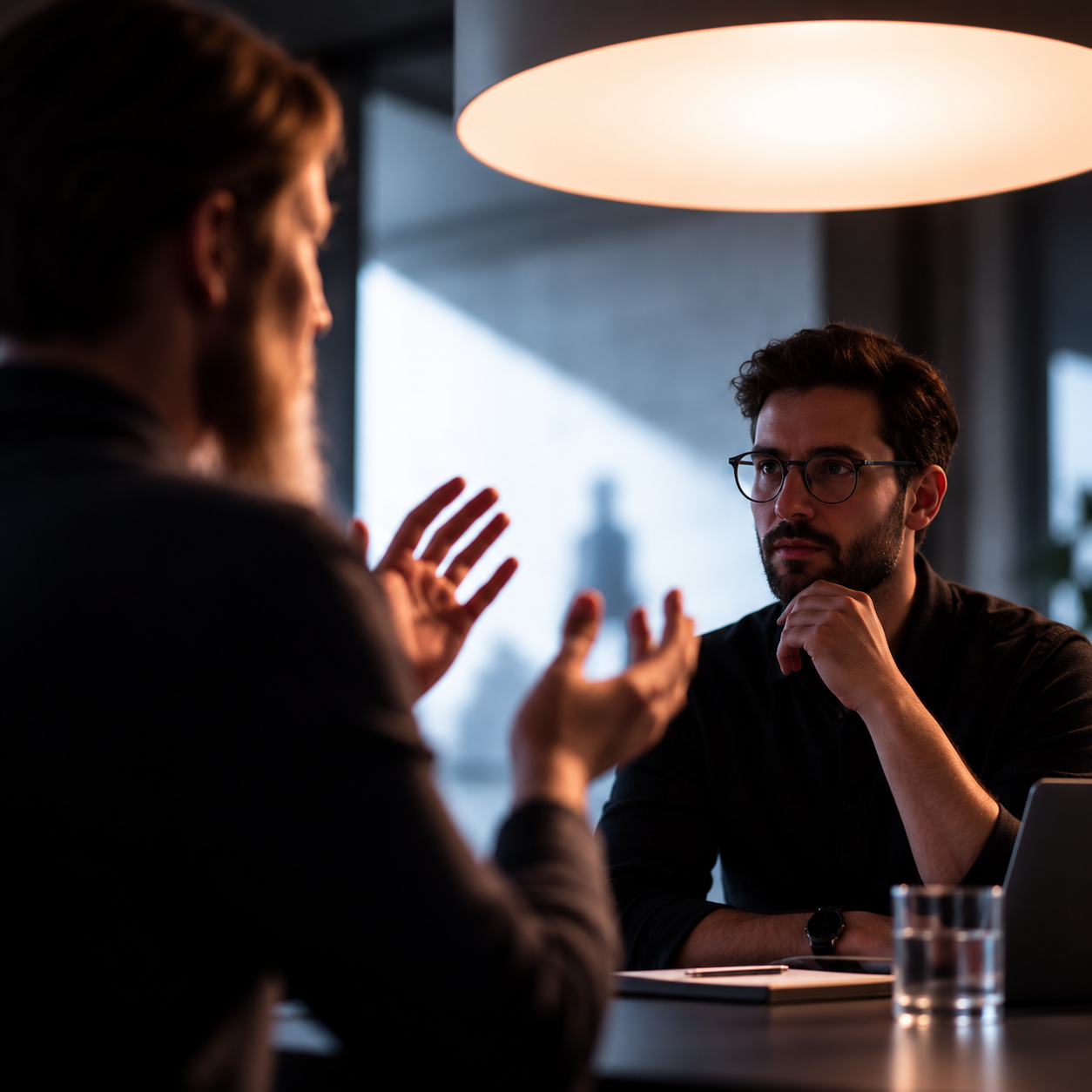 Two professionals in a focused conversation