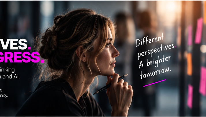 A woman considering ideas beside the words Different perspectives. A brighter tomorrow.