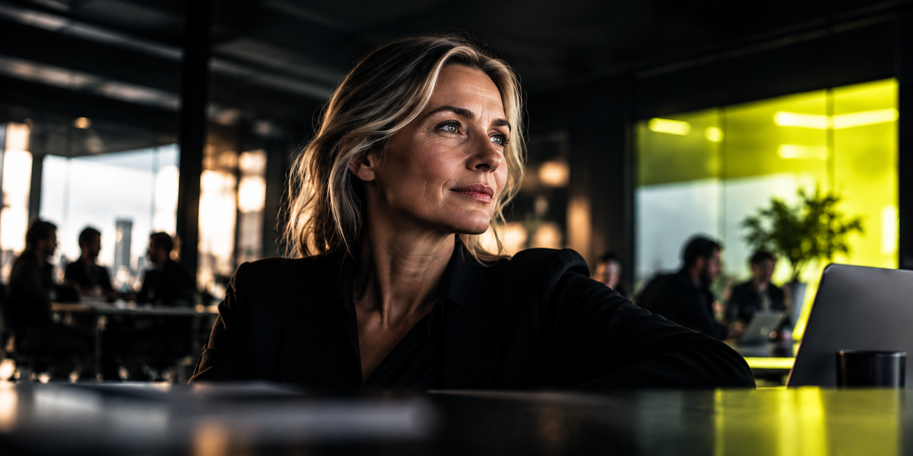A senior business leader in a dark workspace lit by vivid lime light