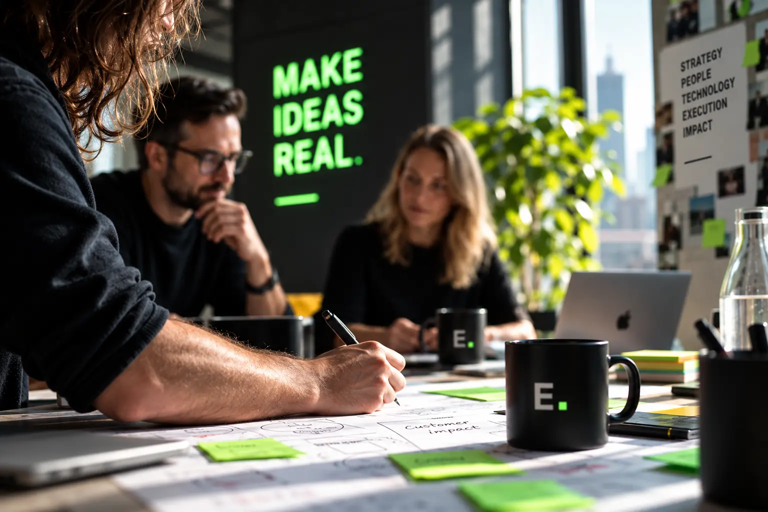 A multidisciplinary team making ideas tangible around a shared worktable
