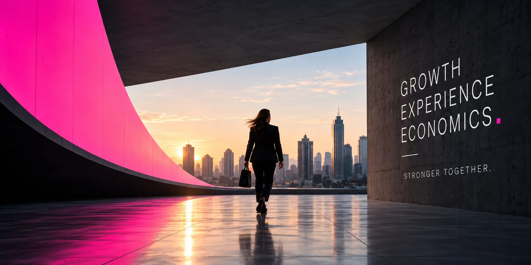 A business leader walking through a bold architectural space toward a city skyline