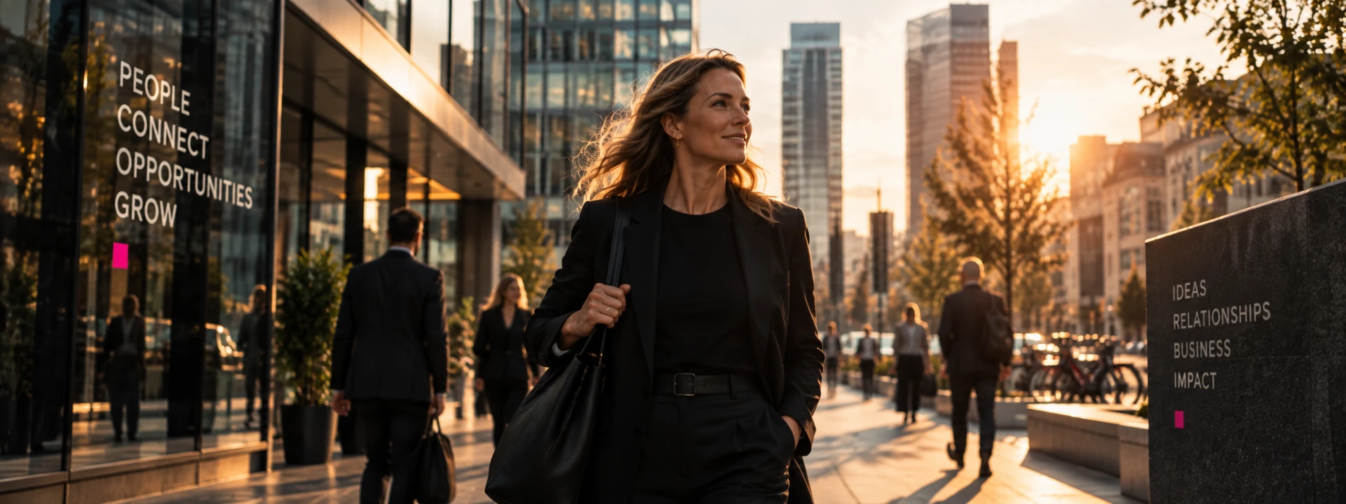 A professional walking through a sunlit city district