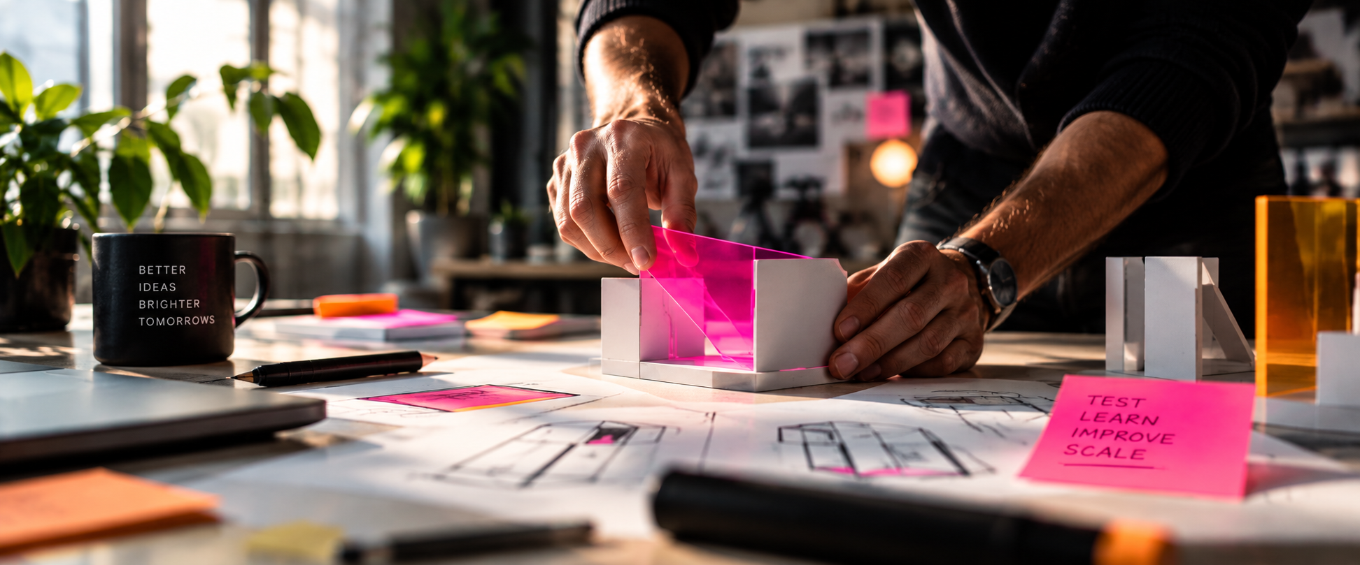 Hands shaping a vivid business model prototype