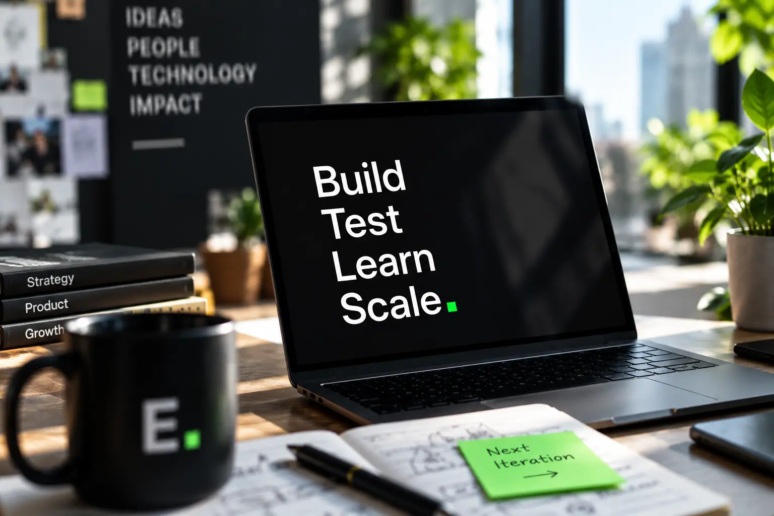 A laptop displaying the build, test, learn and scale cycle