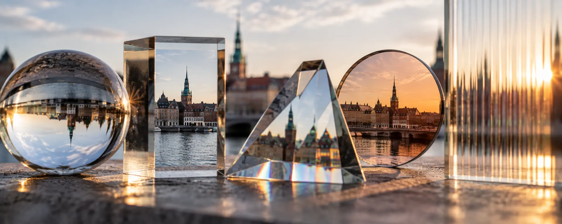 A waterfront city seen through several optical glass elements