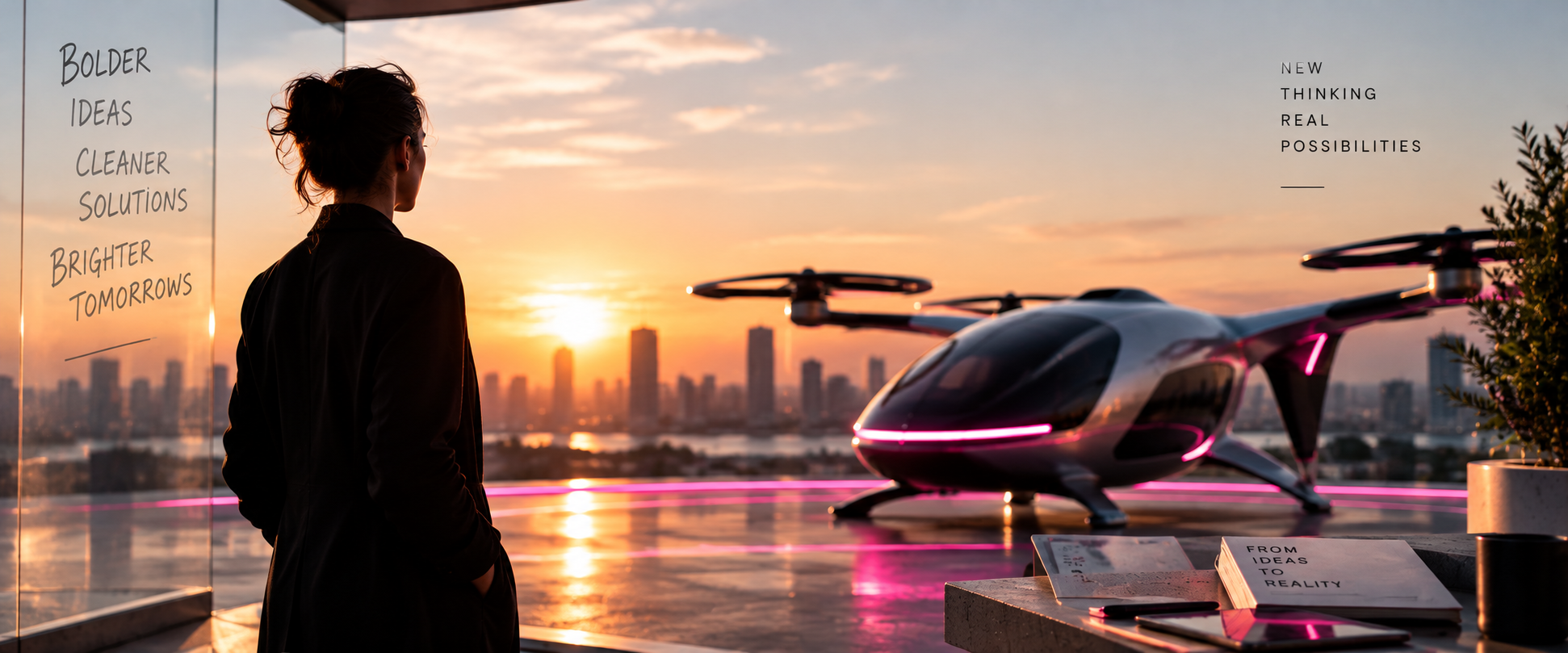 A person looking toward a future mobility concept at sunset