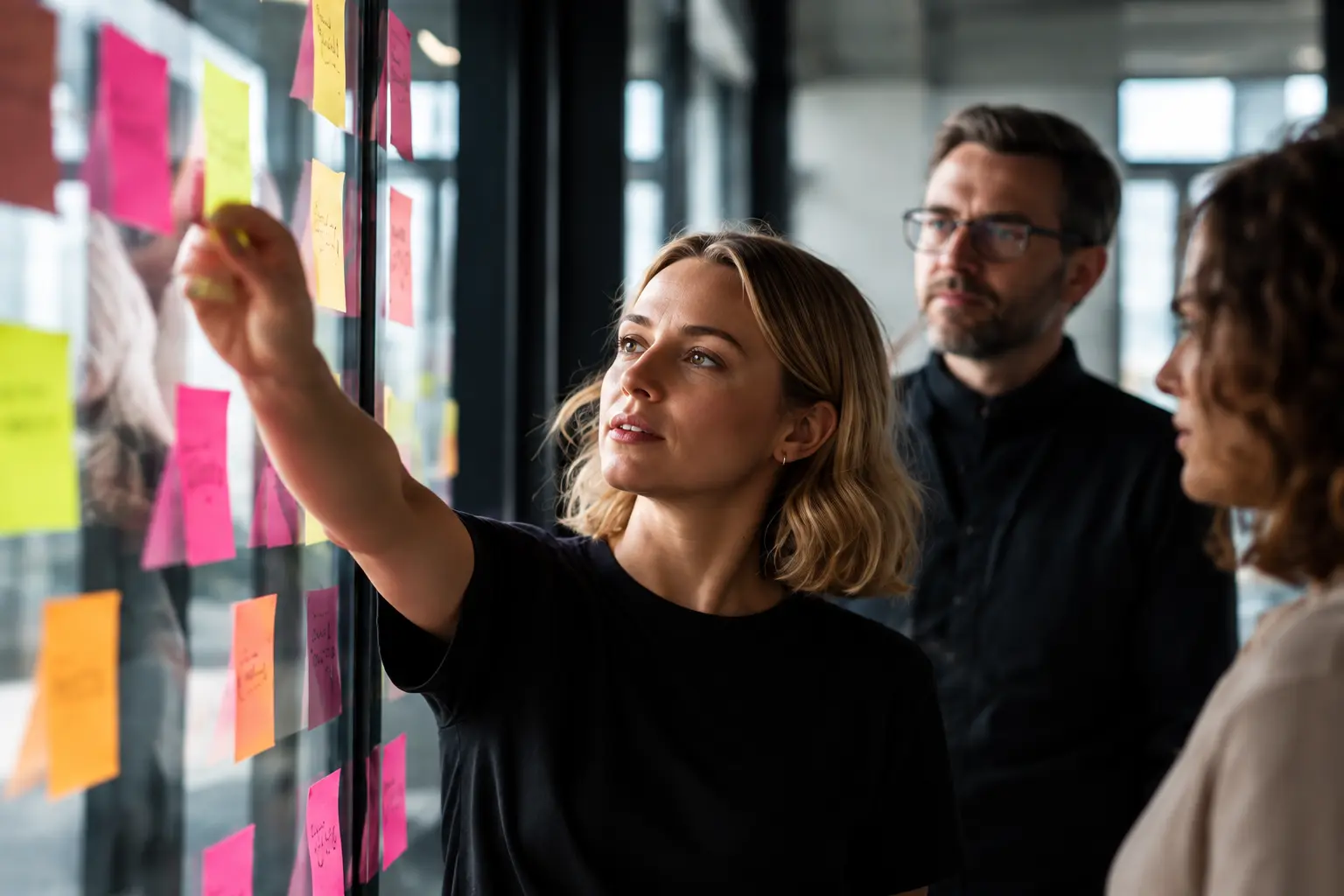 A team developing ideas together at a glass wall