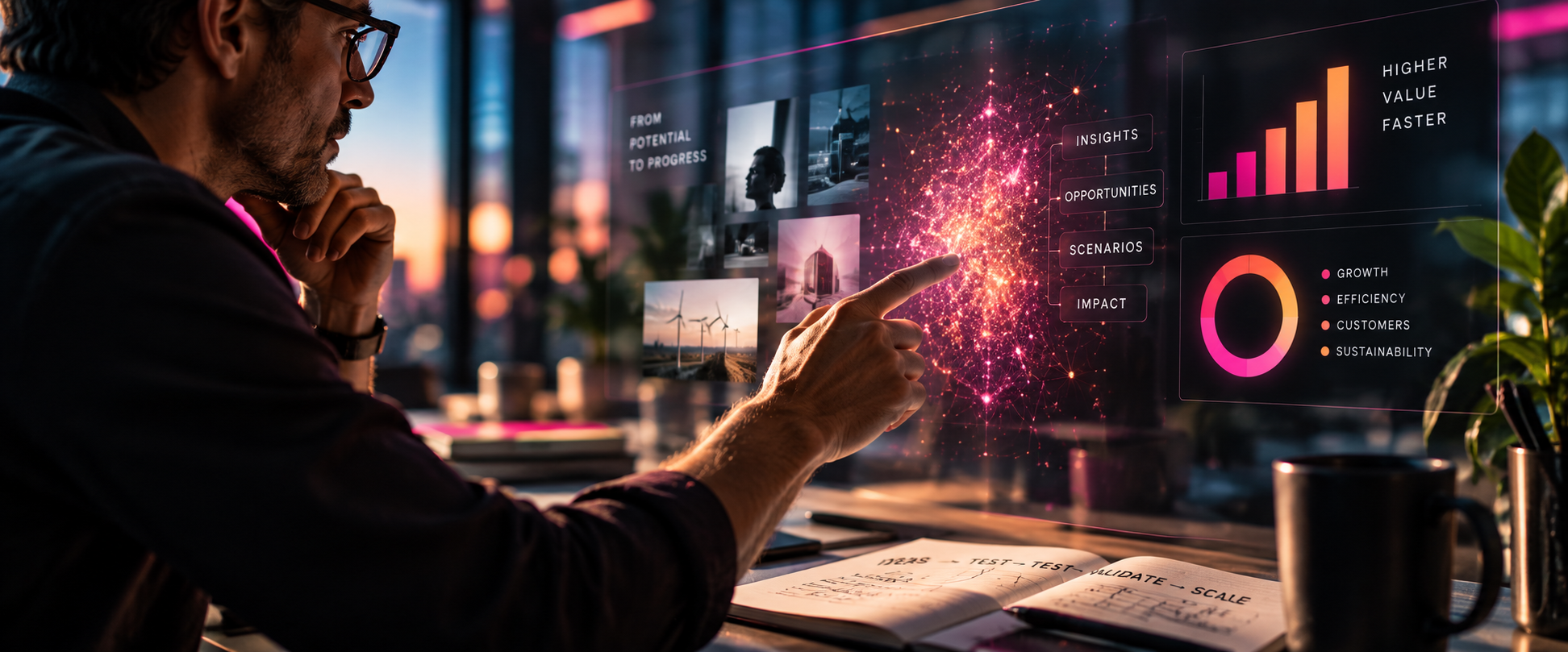 A business leader interacting with an illuminated AI data visualisation