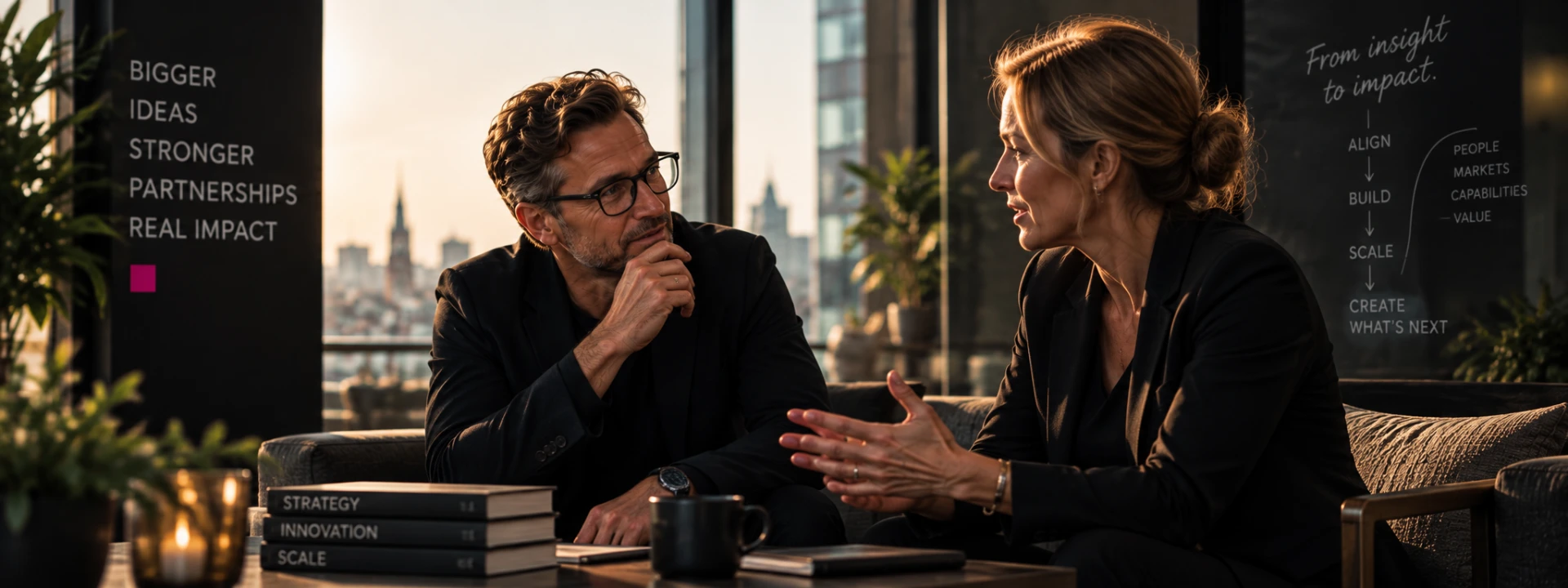 Two senior partners in conversation in a warm office