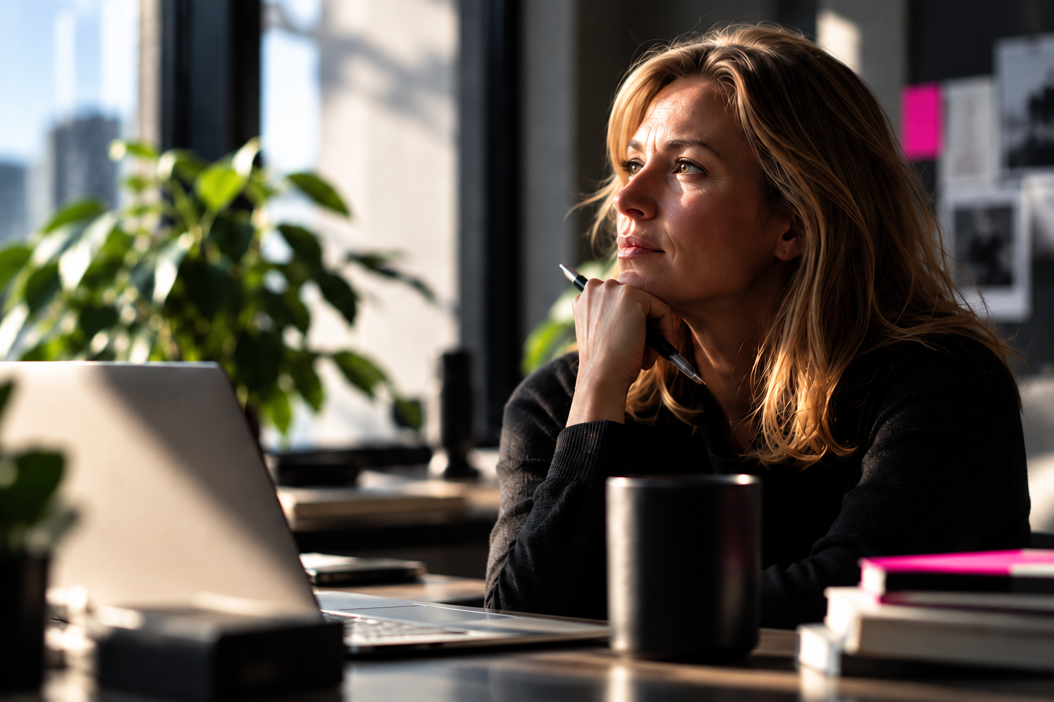A leader working at a laptop in warm natural light