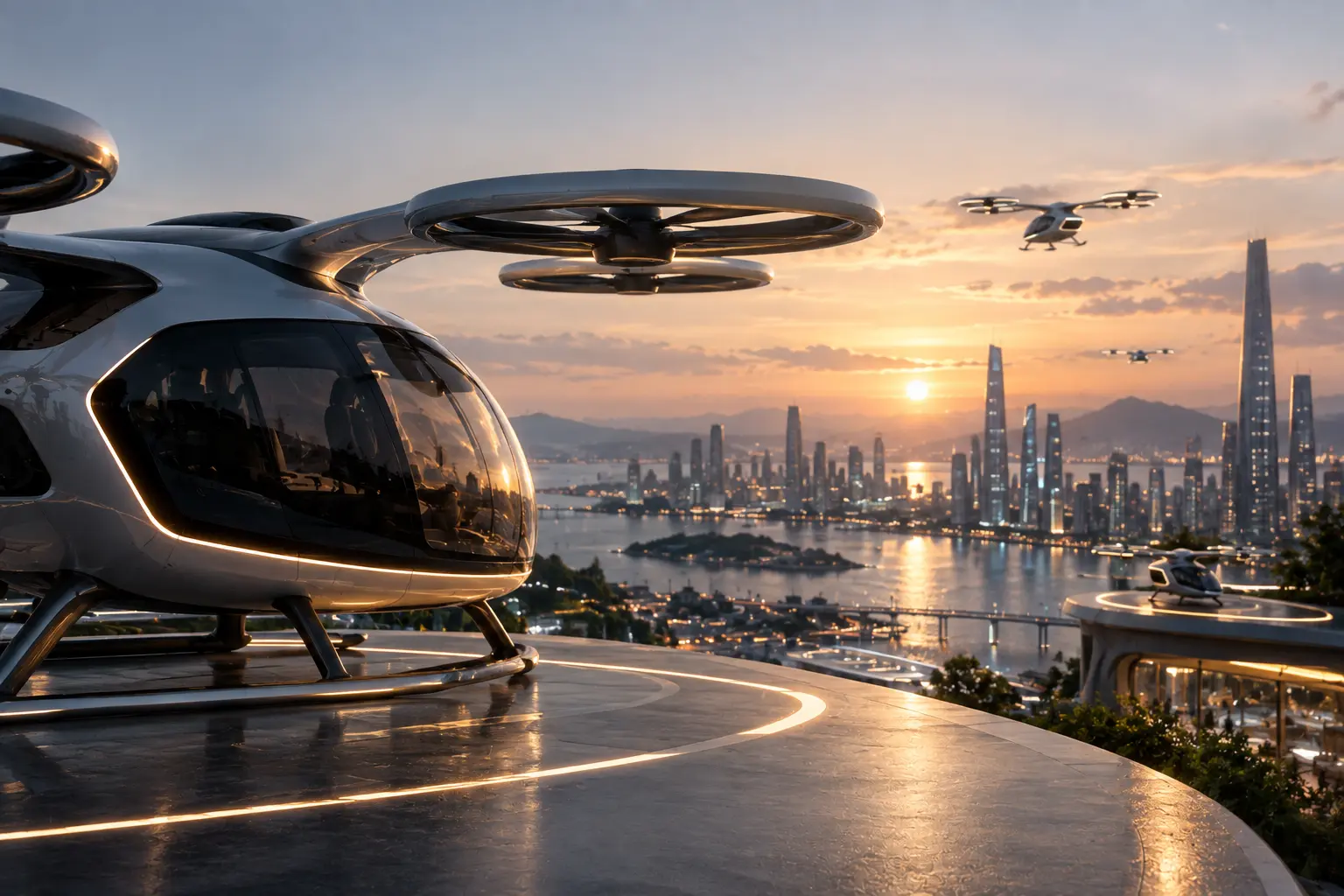 An air taxi above a near-future city