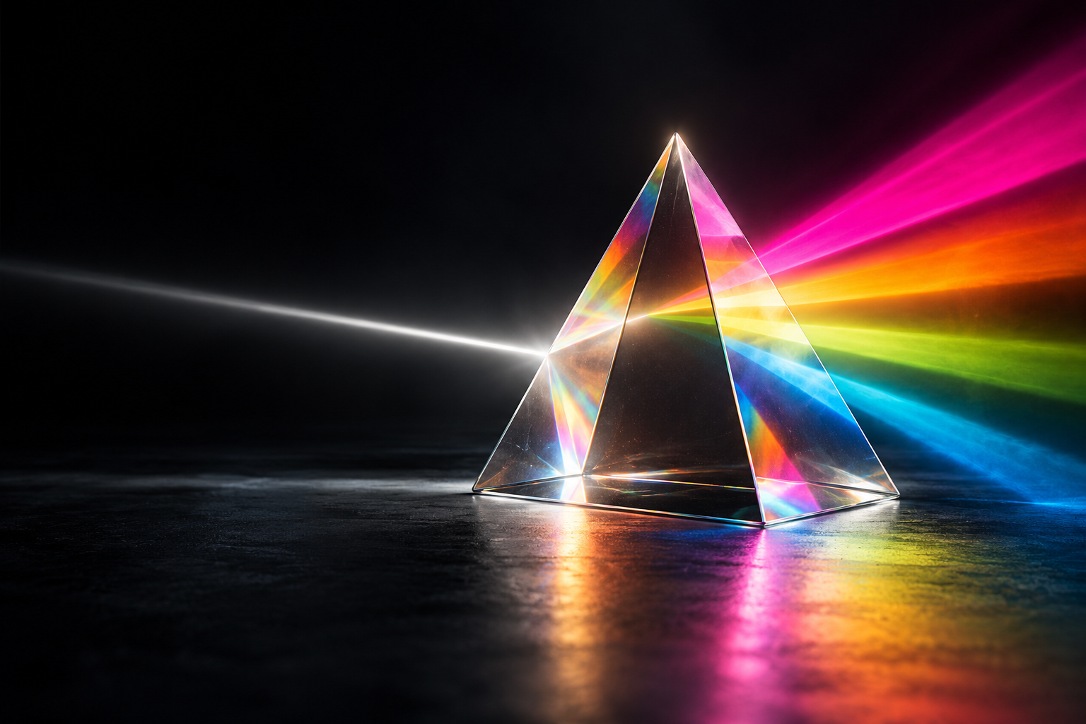 A glass prism casting a spectrum of coloured light
