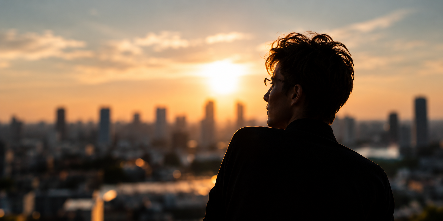 A person looking across a sunlit landscape